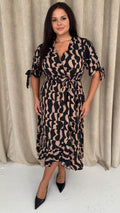 CurveWow Tie Sleeve Wrap Dress Black Abstract