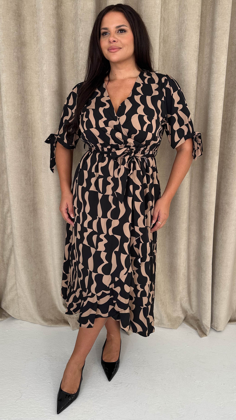 CurveWow Tie Sleeve Wrap Dress Black Abstract