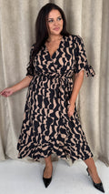 CurveWow Tie Sleeve Wrap Dress Black Abstract