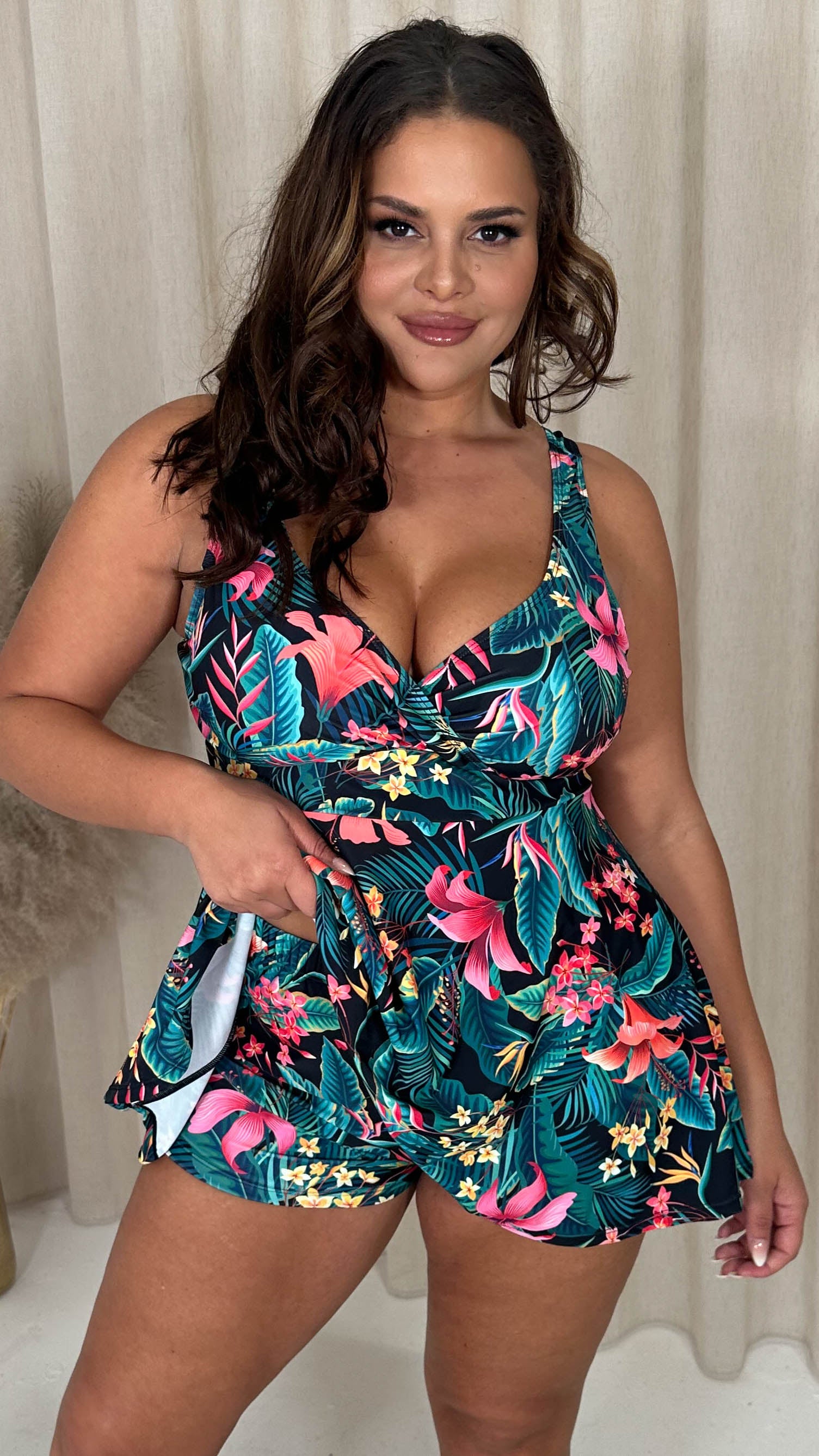 CurveWow Printed Wrap Swimdress Black Floral