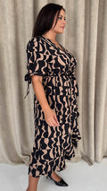 CurveWow Tie Sleeve Wrap Dress Black Abstract