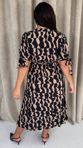 CurveWow Tie Sleeve Wrap Dress Black Abstract