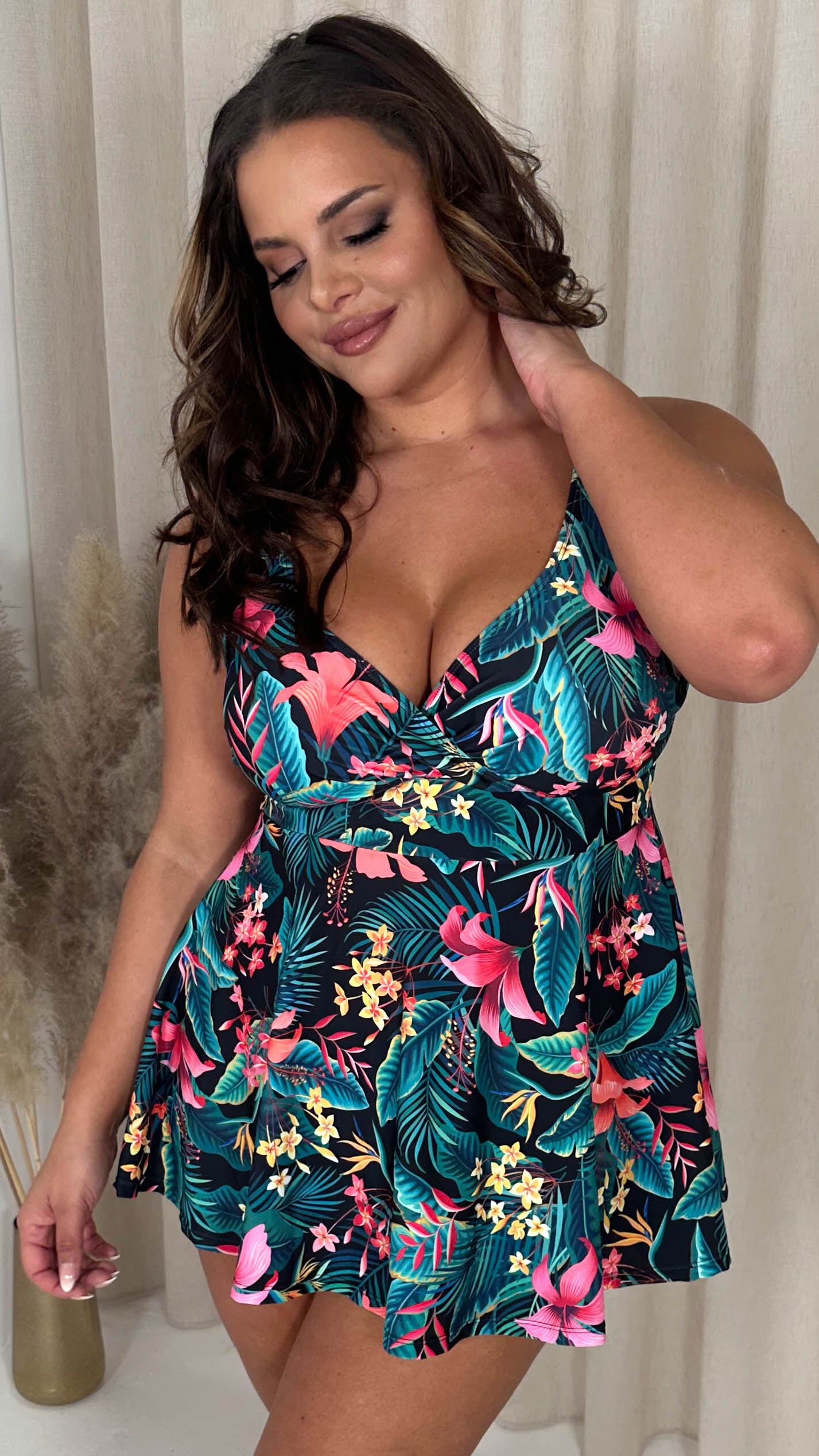 CurveWow Printed Wrap Swimdress Black Floral