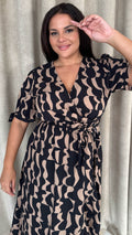 CurveWow Tie Sleeve Wrap Dress Black Abstract
