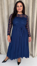 CurveWow Lace Top Pleated Maxi Dress Navy