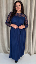 CurveWow Lace Top Pleated Maxi Dress Navy