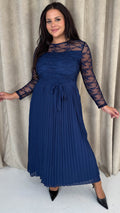 CurveWow Lace Top Pleated Maxi Dress Navy