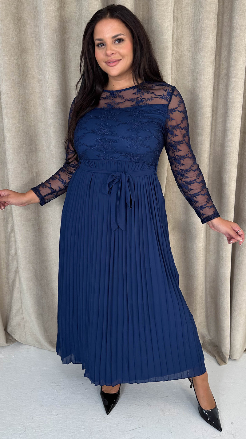 CurveWow Lace Top Pleated Maxi Dress Navy
