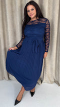 CurveWow Lace Top Pleated Maxi Dress Navy