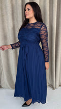 CurveWow Lace Top Pleated Maxi Dress Navy