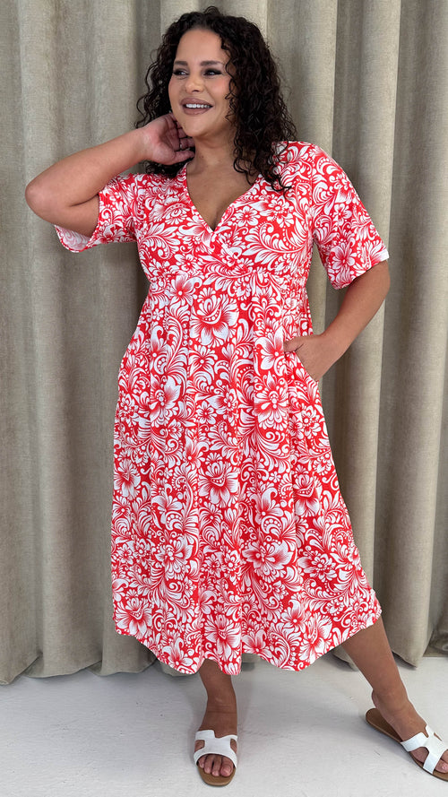CurveWow Wrap Midi Dress Red Paisley