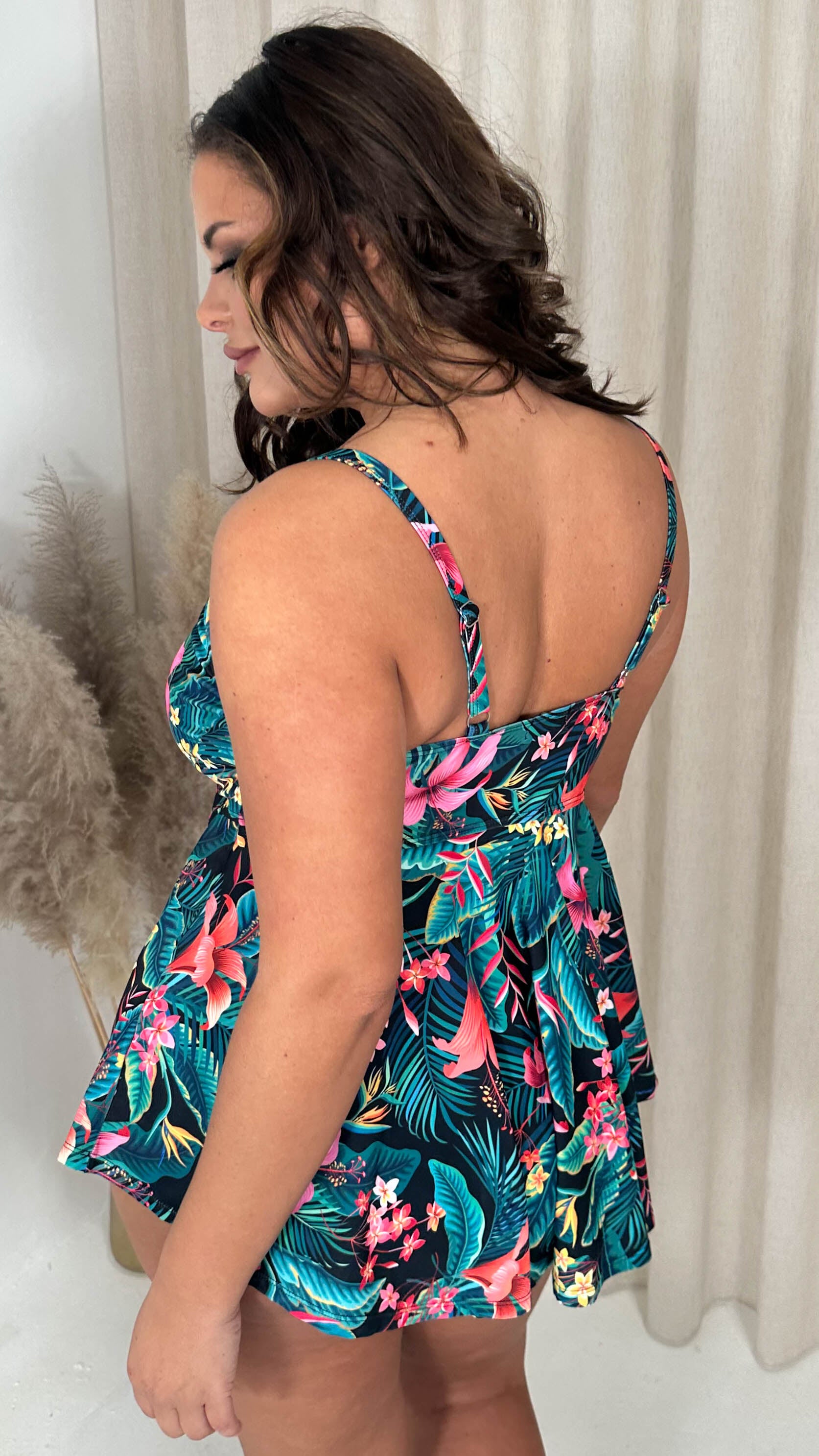CurveWow Tie Tankini Top Black Floral