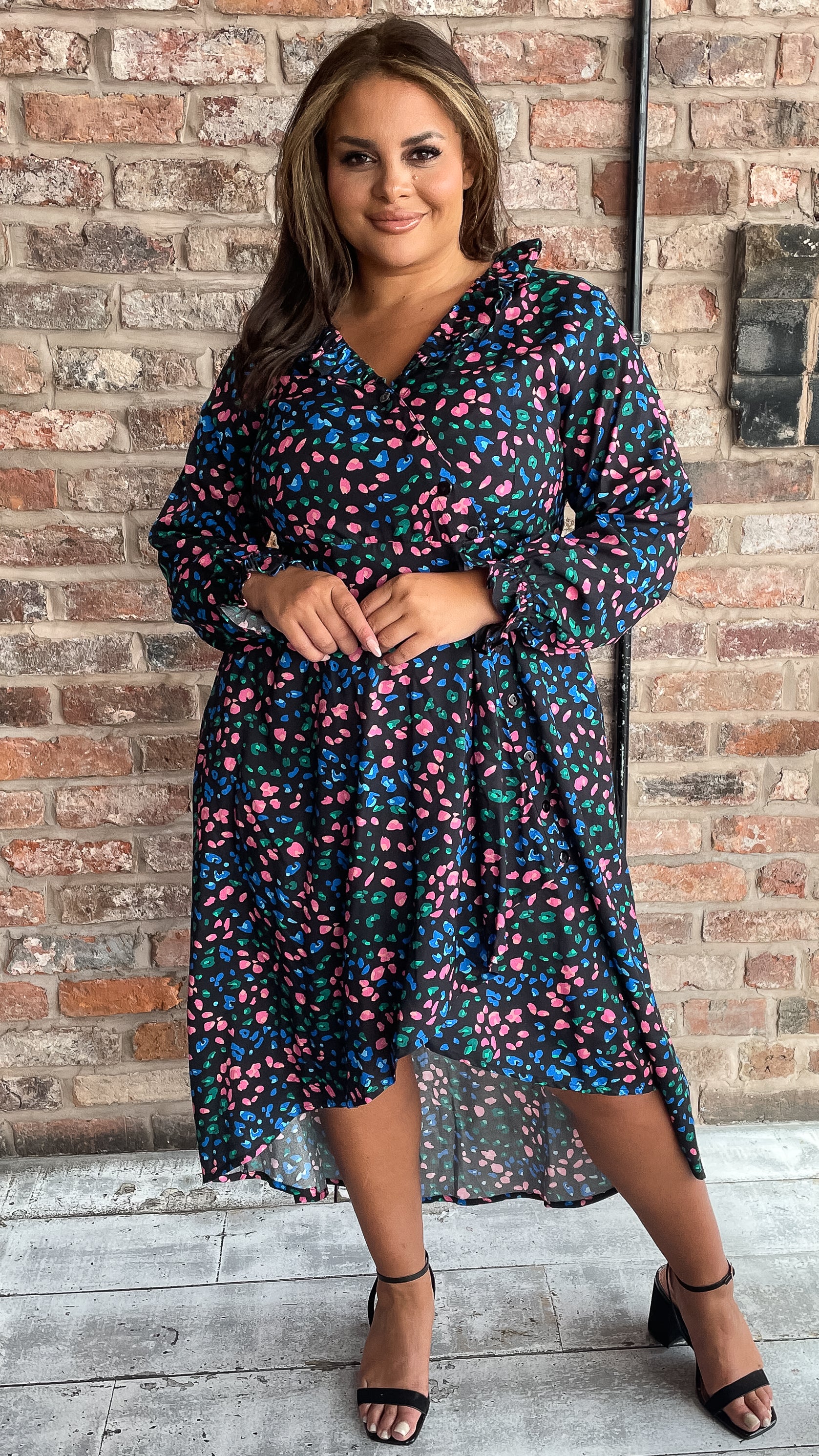 CurveWow Dip Hem Frill Neck Dress Multi Animal