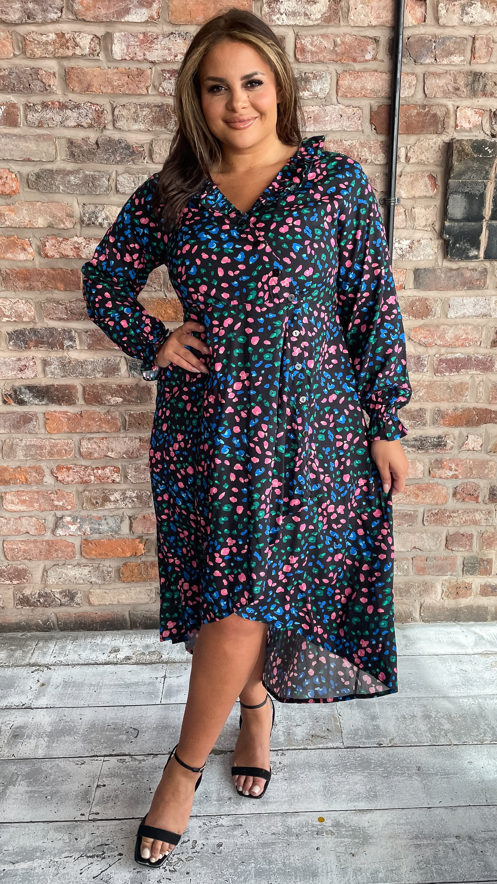 CurveWow Dip Hem Frill Neck Dress Multi Animal