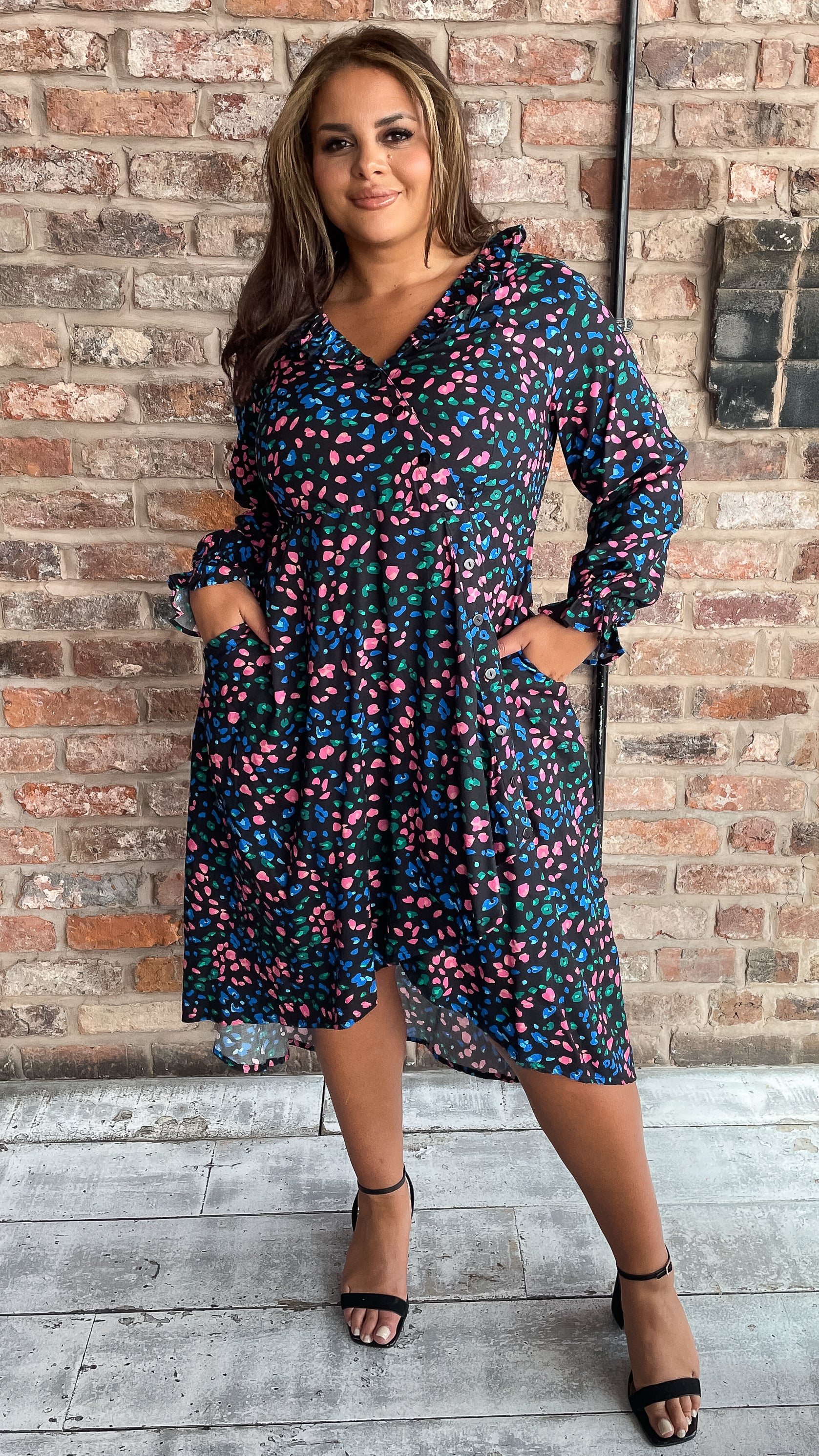 CurveWow Dip Hem Frill Neck Dress Multi Animal