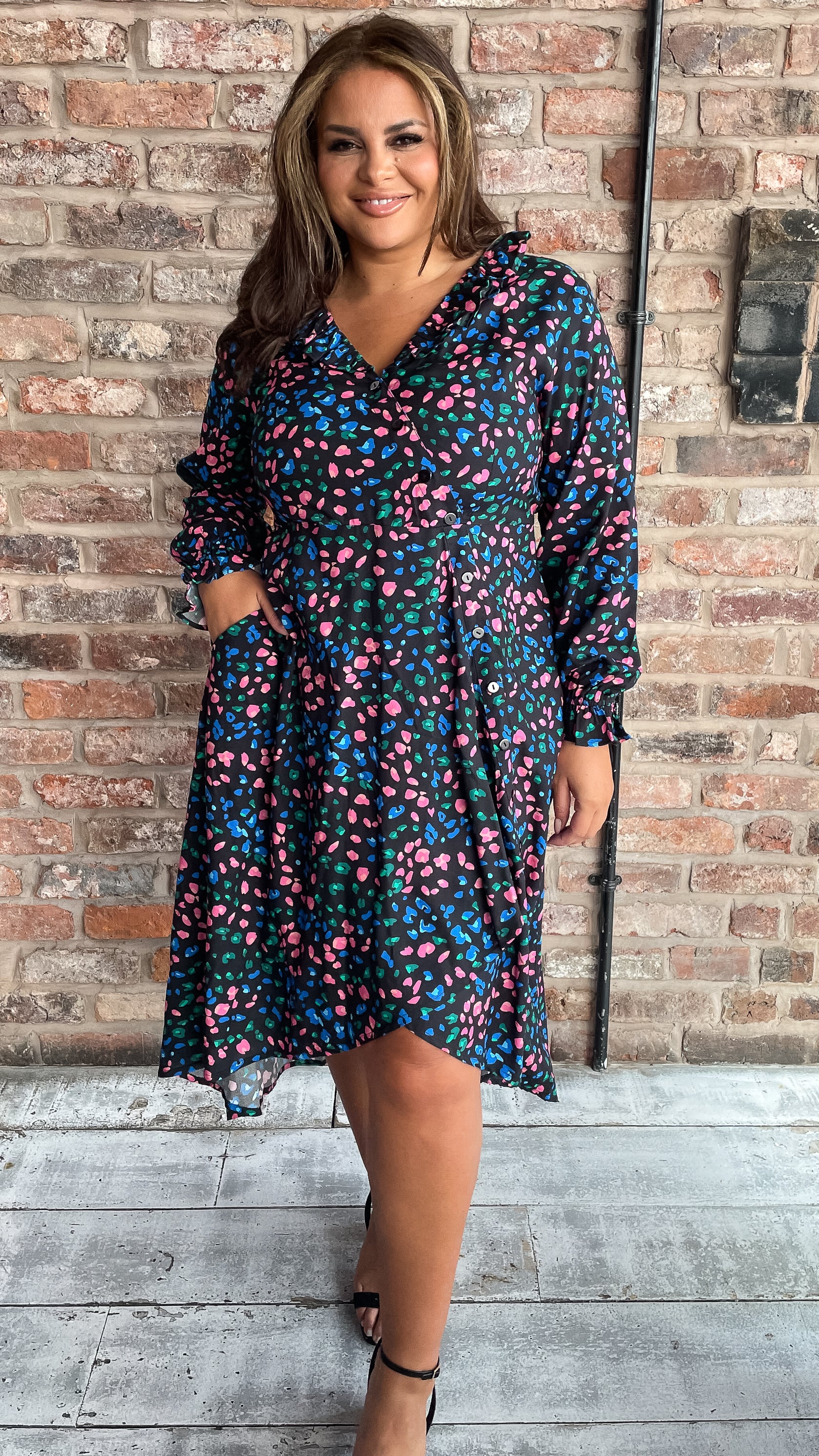 CurveWow Dip Hem Frill Neck Dress Multi Animal