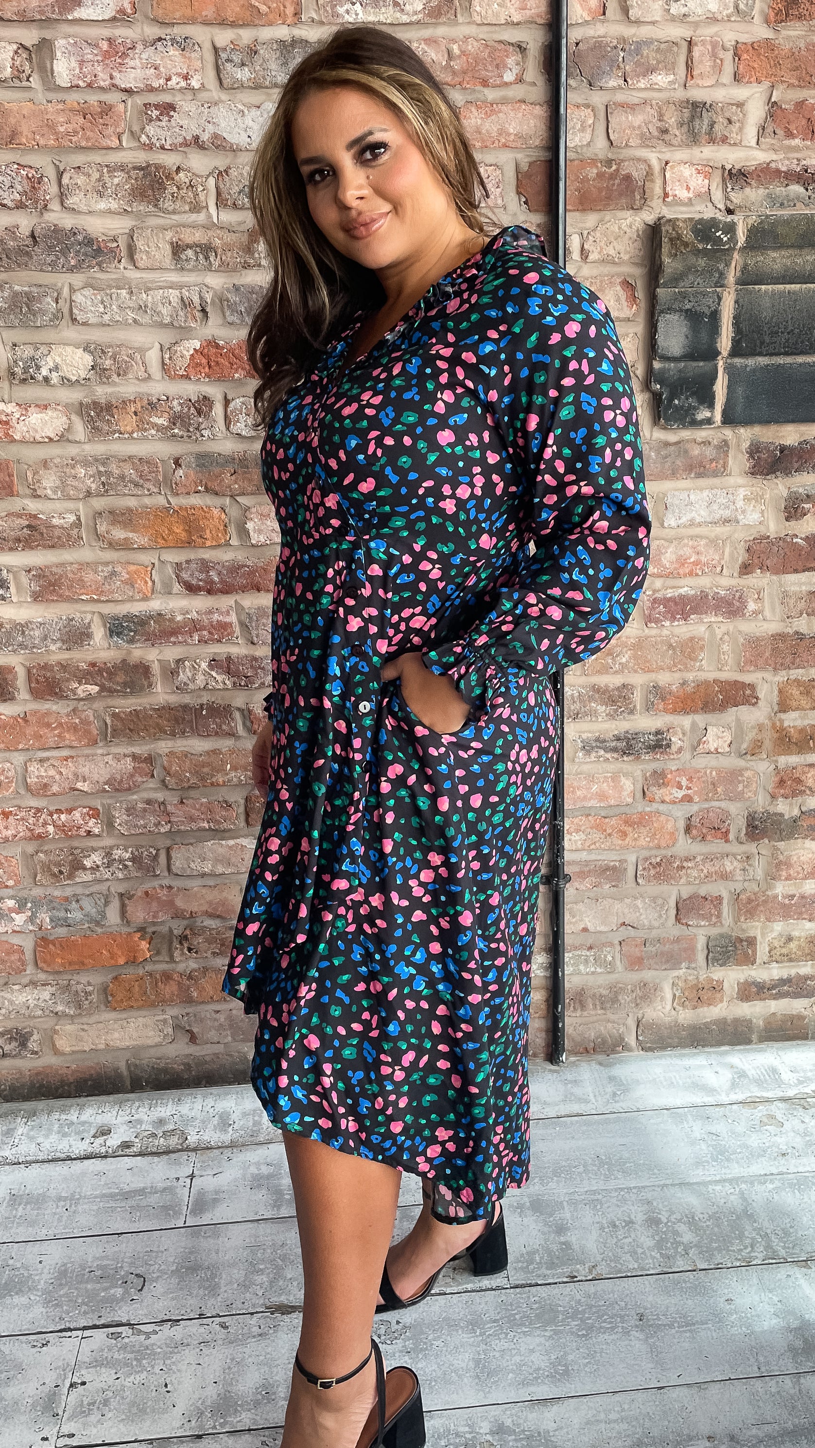 CurveWow Dip Hem Frill Neck Dress Multi Animal