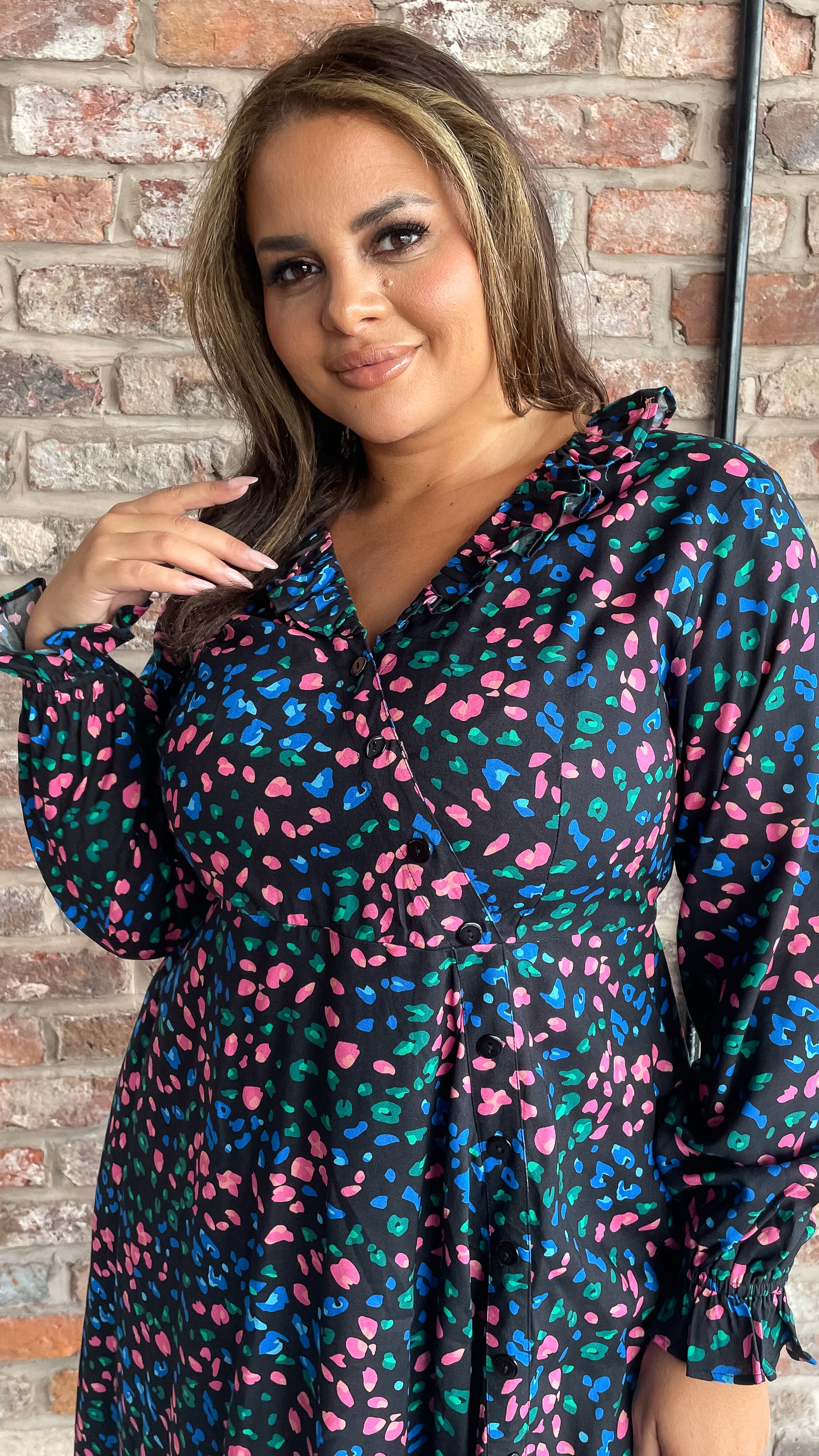 CurveWow Dip Hem Frill Neck Dress Multi Animal