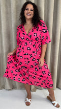 CurveWow Wrap Midi Dress Bright Pink Leopard