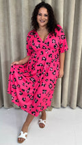 CurveWow Wrap Midi Dress Bright Pink Leopard