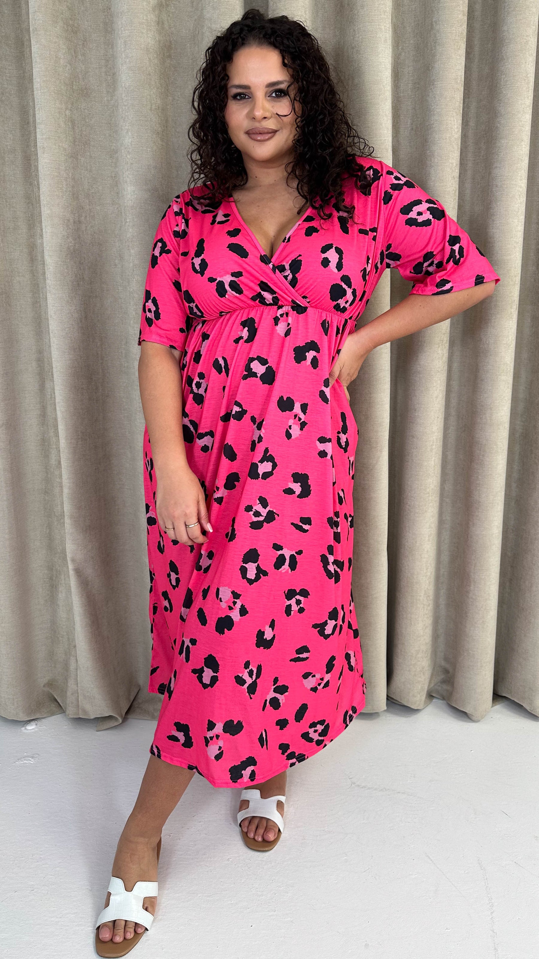dark pink wrap midi dress in mixed print Pink Mixed Print Wrap Dress