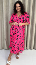 CurveWow Wrap Midi Dress Bright Pink Leopard