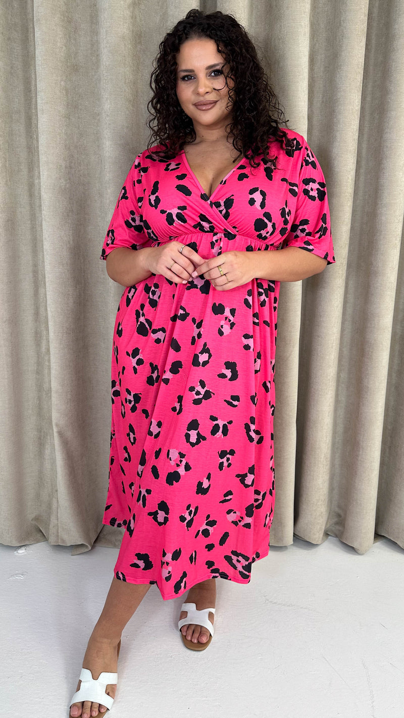 CurveWow Wrap Midi Dress Bright Pink Leopard