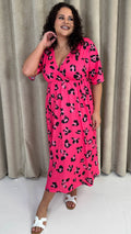 CurveWow Wrap Midi Dress Bright Pink Leopard