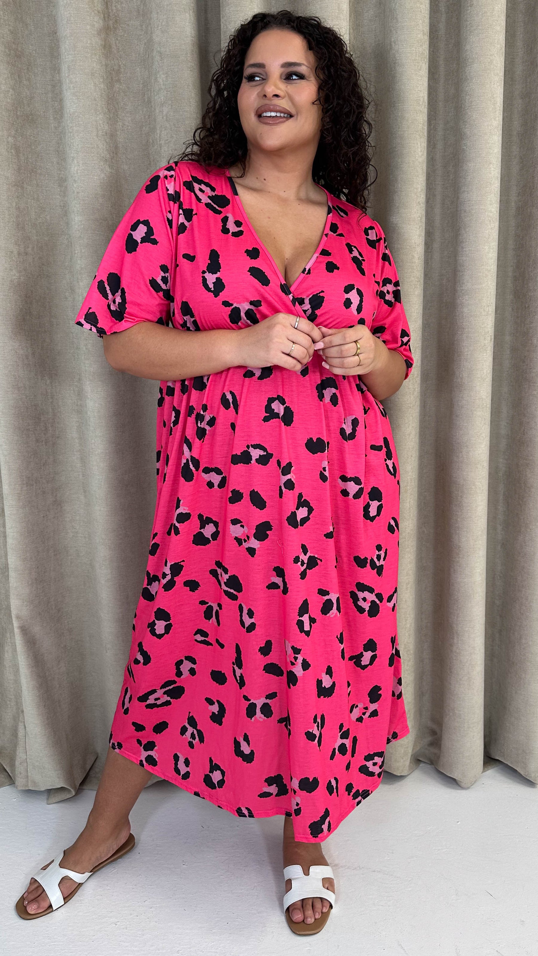 leopard print pink dress CurveWow Wrap Midi Dress Bright Pink Leopard – Curvewow