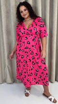 CurveWow Wrap Midi Dress Bright Pink Leopard