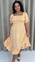 CurveWow Square Neck Shirred Midi Dress Yellow Floral