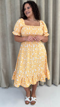 CurveWow Square Neck Shirred Midi Dress Yellow Floral