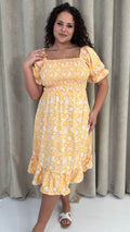 CurveWow Square Neck Shirred Midi Dress Yellow Floral