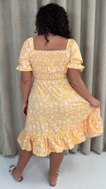 CurveWow Square Neck Shirred Midi Dress Yellow Floral