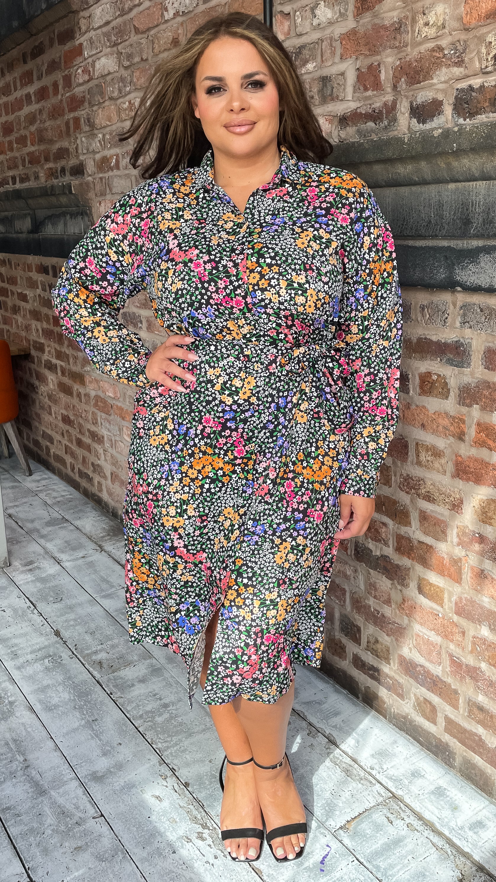 CurveWow Printed Tie Waist Shirt Dress Black Multi Floral Ditsy