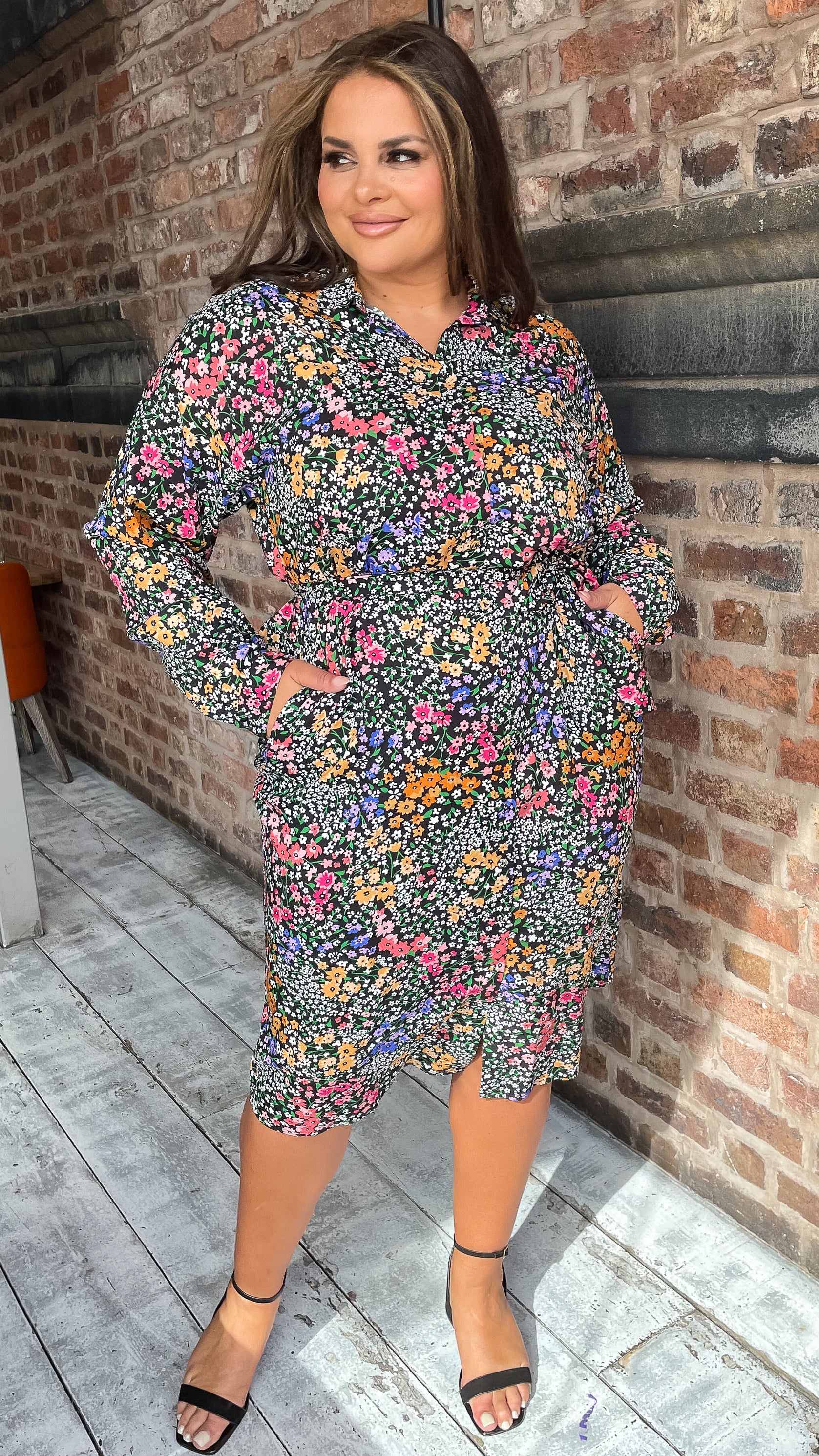 CurveWow Printed Tie Waist Shirt Dress Black Multi Floral Ditsy