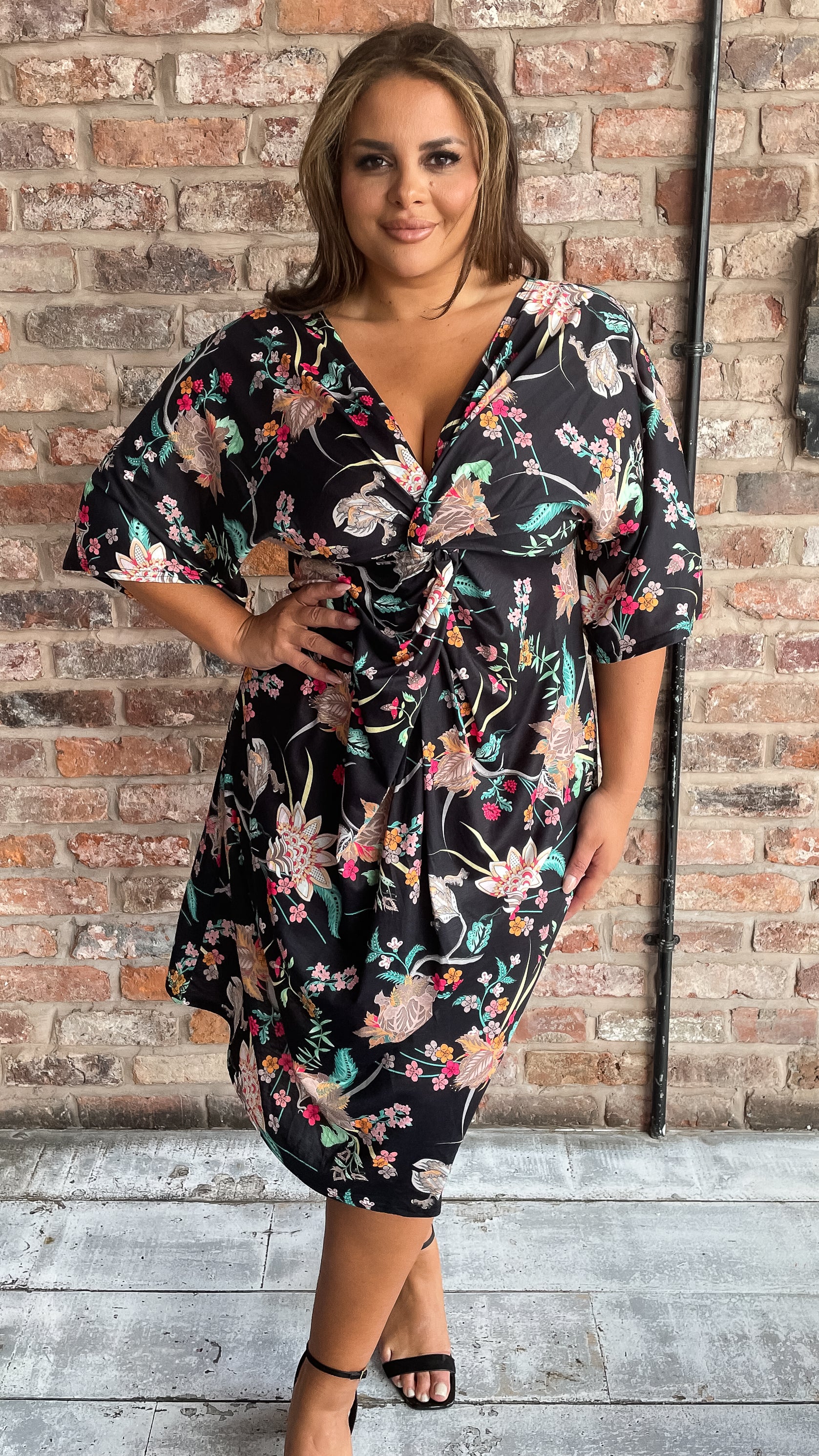 CurveWow Knot Dress Black Oriental Floral
