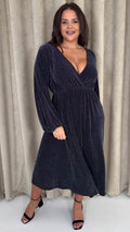 CurveWow Wrap Balloon Sleeve Midaxi Dress Black Silver