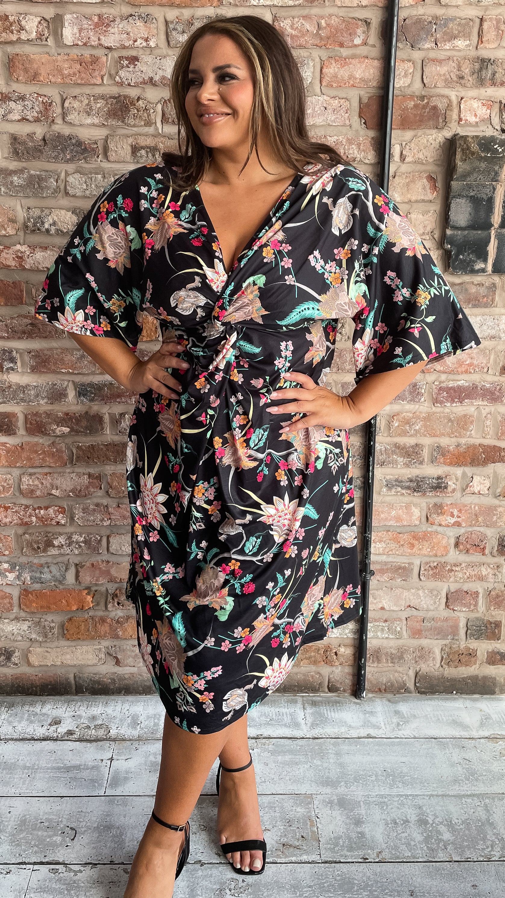 CurveWow Knot Dress Black Oriental Floral