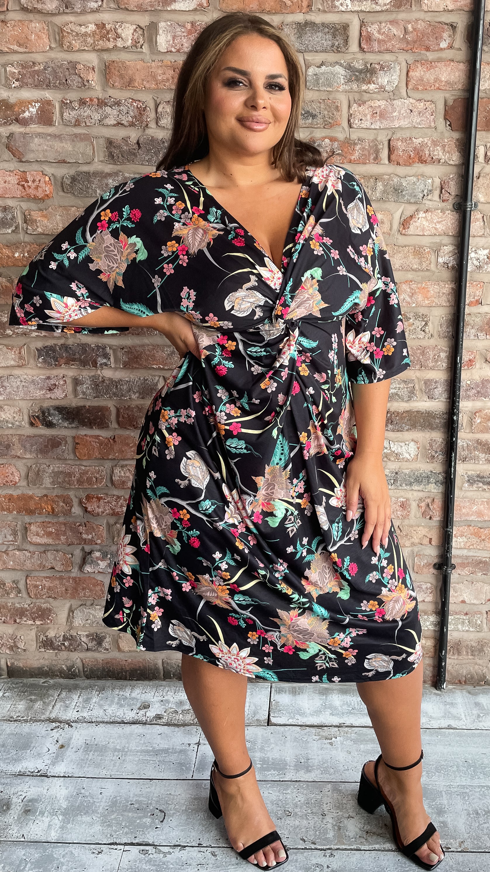 CurveWow Knot Dress Black Oriental Floral