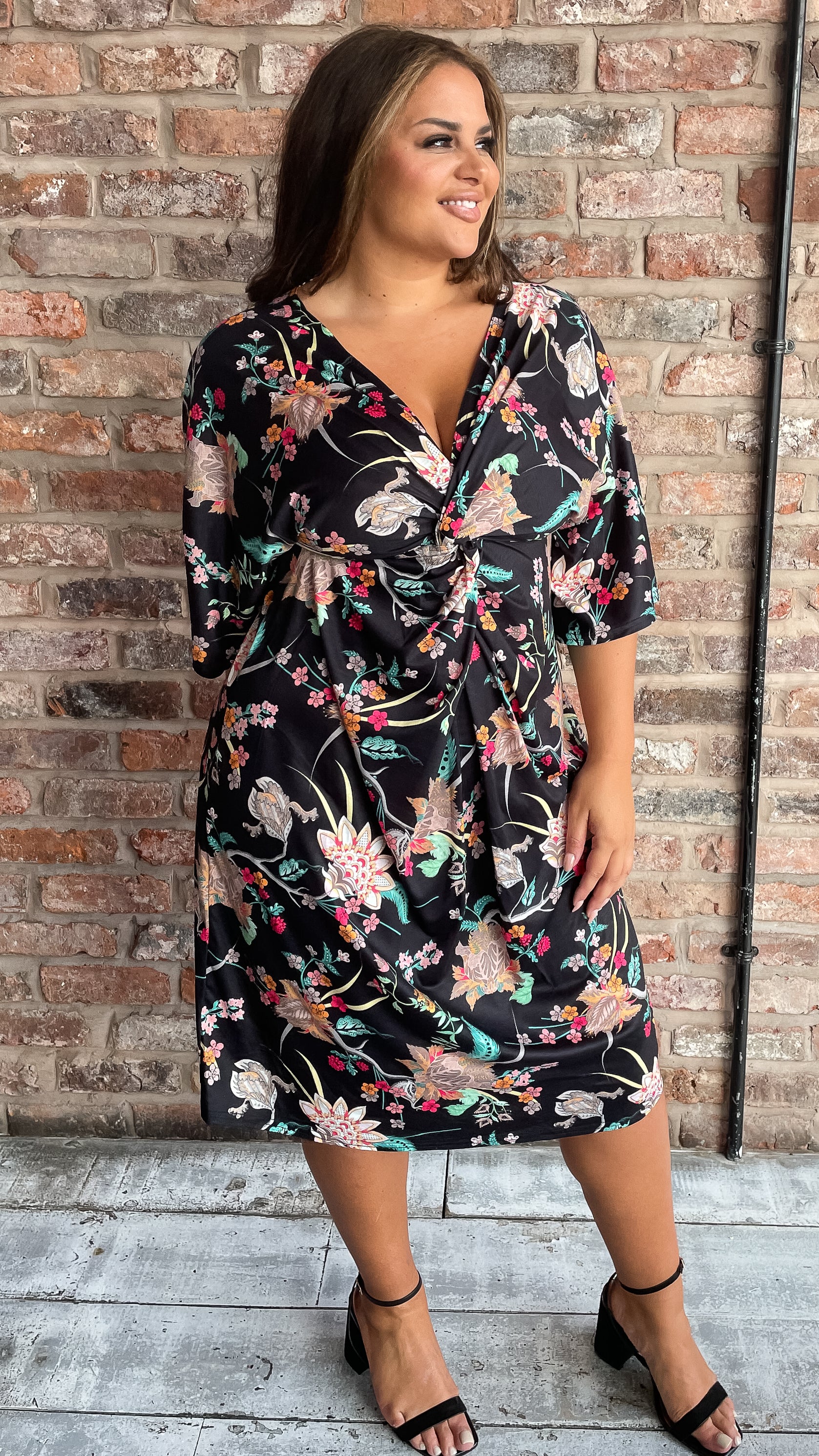 CurveWow Knot Dress Black Oriental Floral