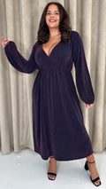 CurveWow Wrap Balloon Sleeve Midaxi Dress Navy Sparkle
