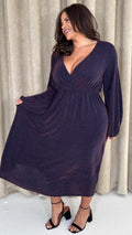 CurveWow Wrap Balloon Sleeve Midaxi Dress Navy Sparkle