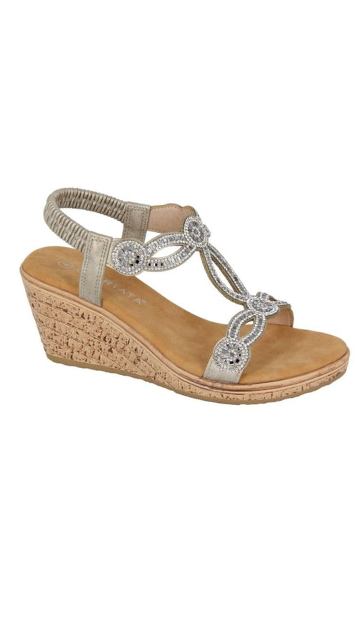 Jewelled Elasticated Sling Back Sandal Pewter PU