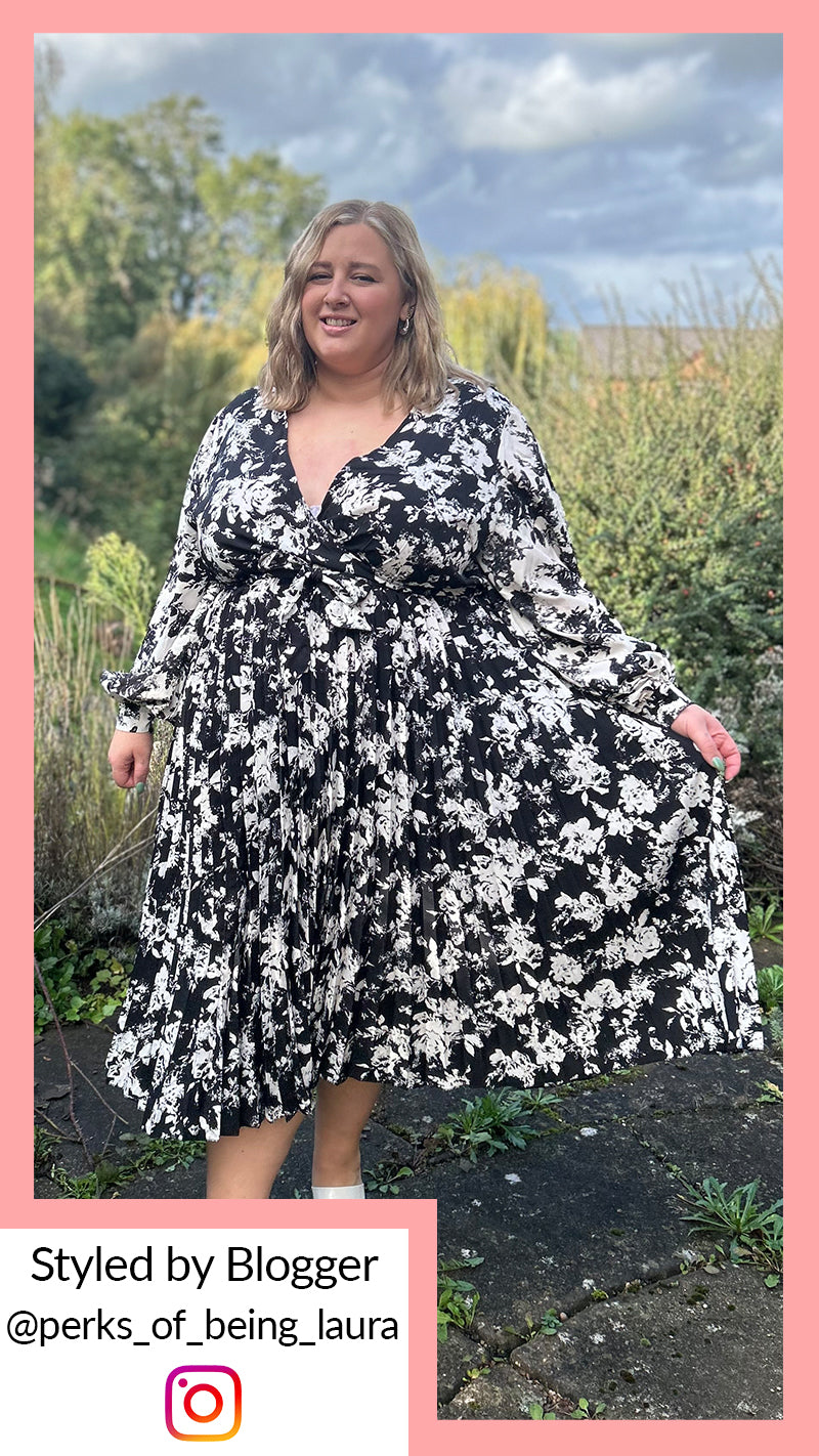 CurveWow Long Sleeve Floral Printed Pleated Midi Dress Black/Ivory