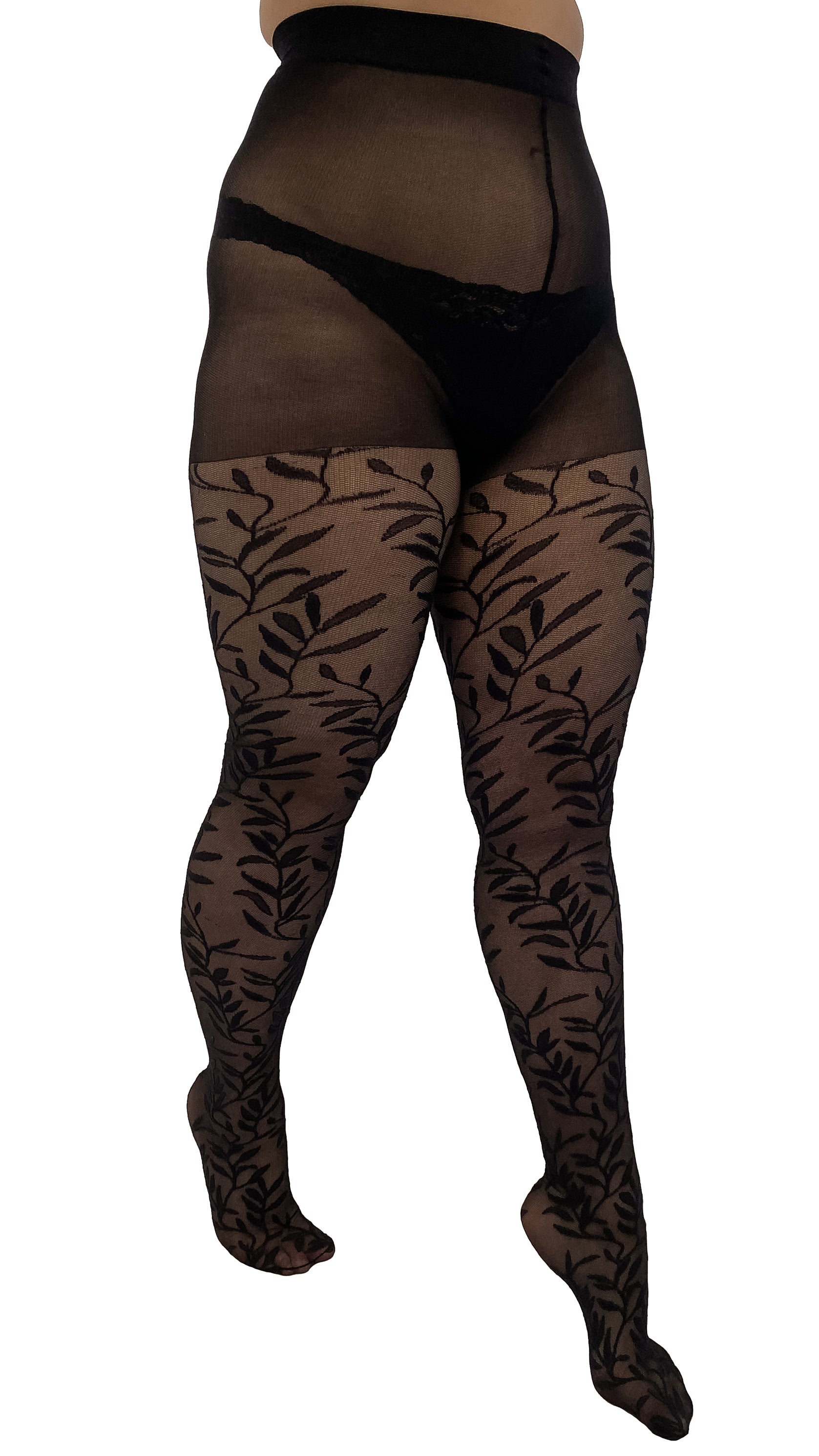 Olive Branch Printed Tights Black