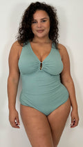 CurveWow Buckle Textured Swimsuit Sage Green