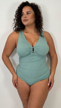CurveWow Buckle Textured Swimsuit Sage Green