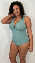 CurveWow Buckle Textured Swimsuit Sage Green