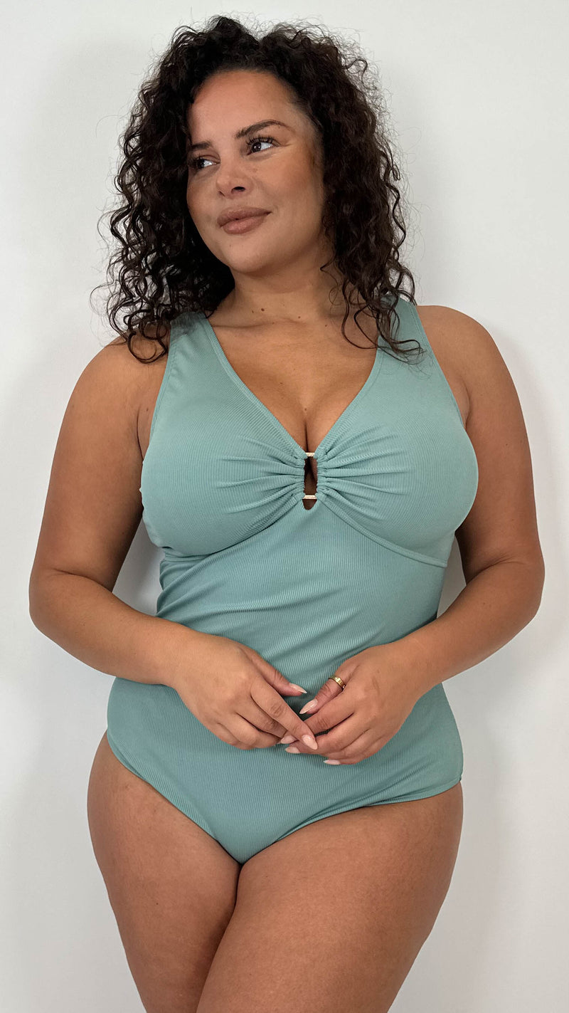 CurveWow Buckle Textured Swimsuit Sage Green